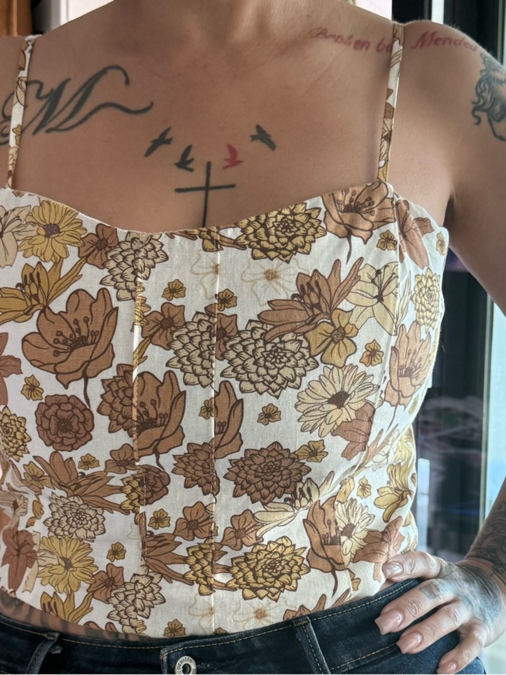 C&C California Floral Corset Crop Top in Cream, Brown & Mustard